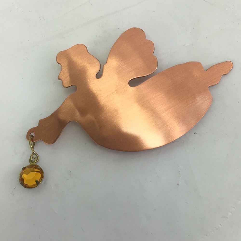 Handcrafted Copper Angel with yellow color gem 2.25"